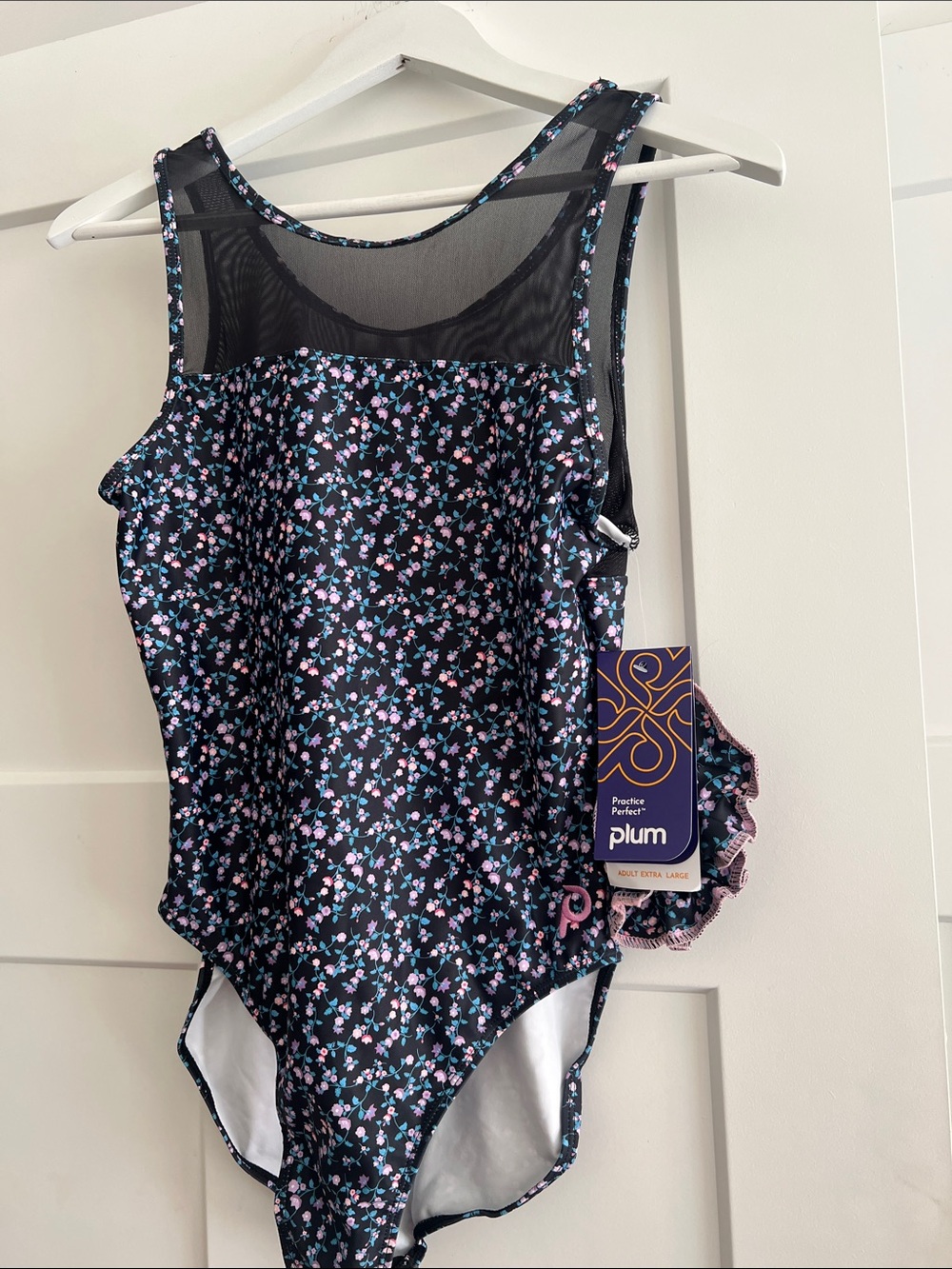 Plum Floral Mesh-Yoke Women's Bodysuit in Black with Floral